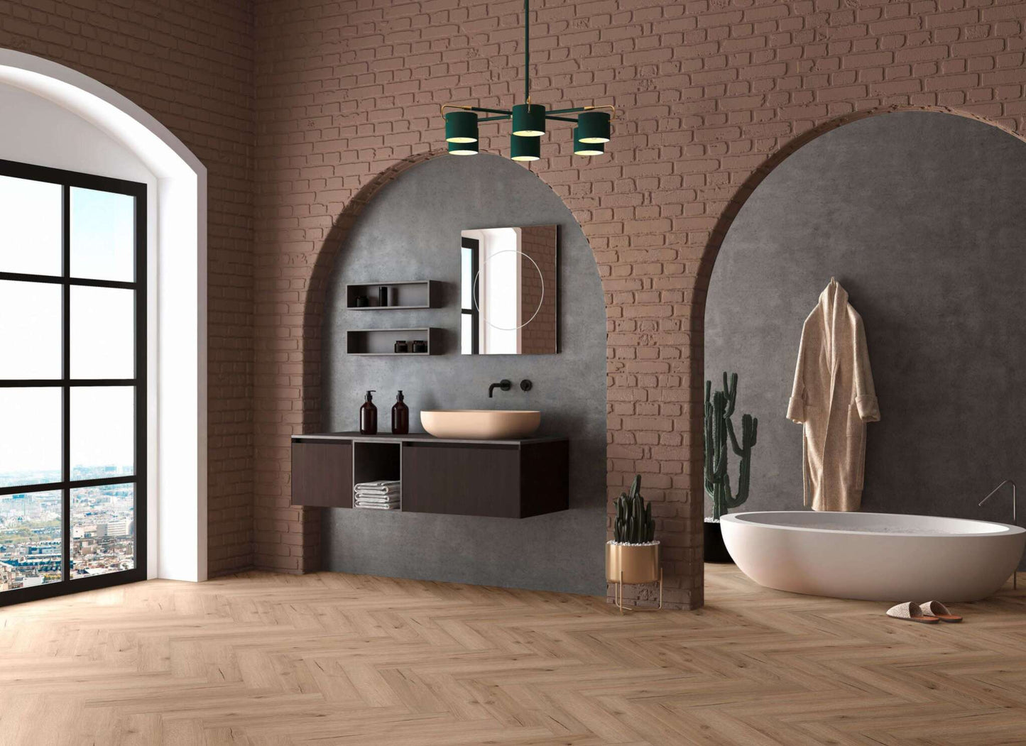 Modernes Badezimmer mit freistehender Badewanne, Waschtisch mit Aufsatzwaschbecken, Spiegel, Regalen, Kaktus, Bademantel und Hausschuhen. Heller Holzboden, Ziegelwand, großes Fenster, Deckenlampe und elegante Dekoration.
