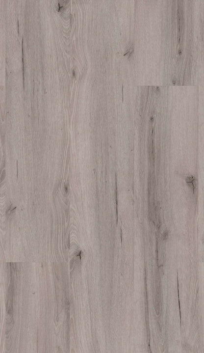 Eine Oberfläche mit Holzoptik in hellem Grau, sichtbare Maserungen, vereinzelte Astlöcher und feine Linienmuster