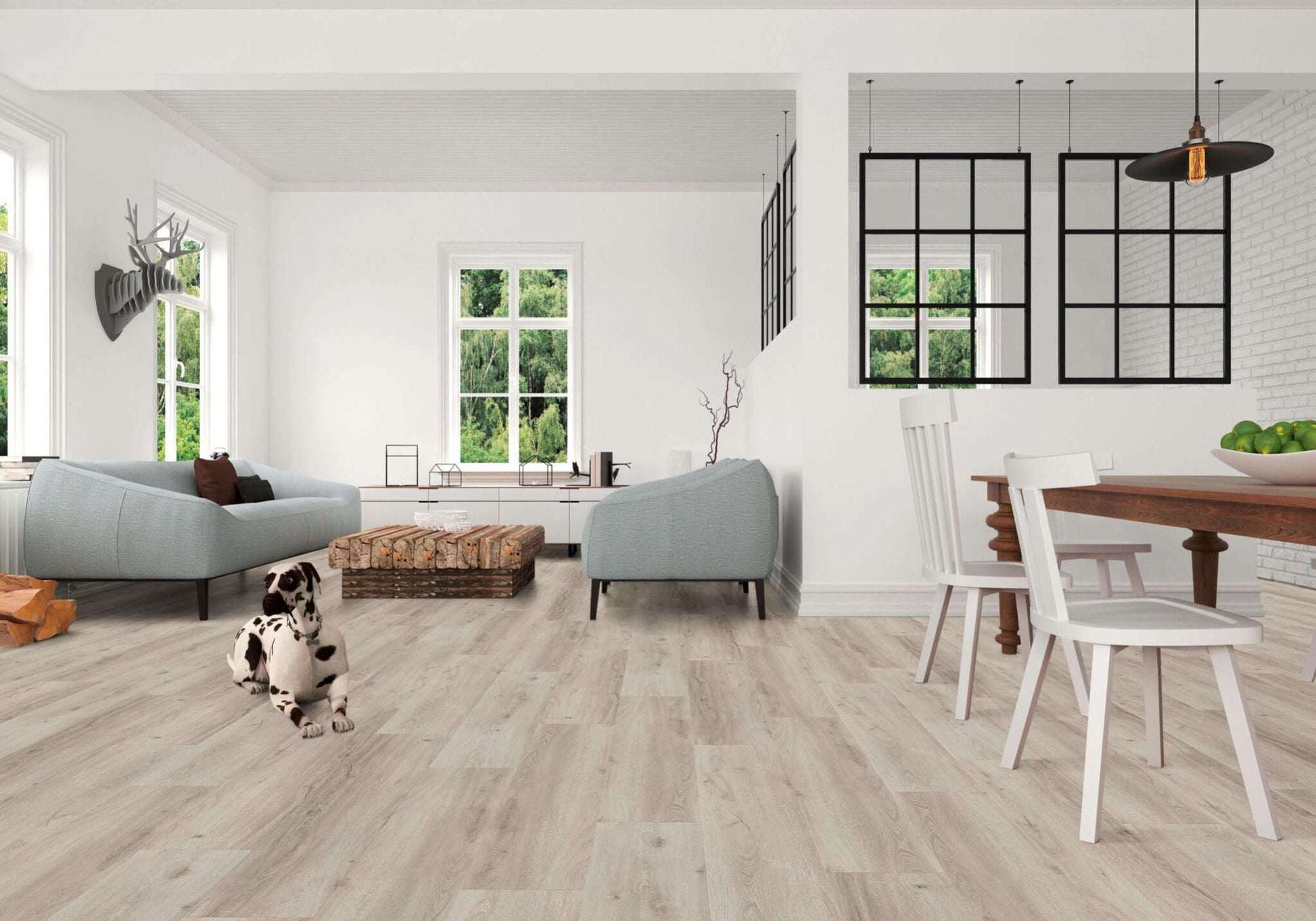 Heller Raum mit großen Fenstern, zwei hellblaue Sofas, Dalmatiner auf Holzfußboden, rustikaler Couchtisch aus Holz, Esstisch mit weißen Stühlen, Schale mit grünen Äpfeln, schwarze Fensterrahmen als Raumteiler, Wanddeko in Geweihform, moderne Deckenlampe, Dekozweige, Holzelemente am Boden, minimalistische Dekoration.