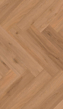 Mehrere Holzlatten in natürlichem Eichenholzton liegen im Fischgrätmuster eng nebeneinander, deutlich sichtbare Maserung.