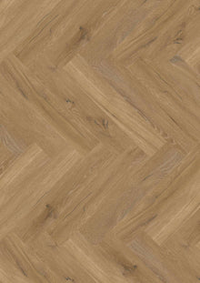 Mehrere Holzbretter mit natürlicher Maserung und Astlöchern, verlegt in einem klassischen Fischgrätmuster, warme Holzoptik